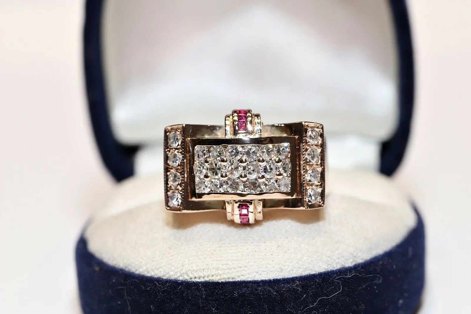 

VINTAGE ORIGINAL 8K GOLD NATURAL DIAMOND AND RUBY DECORATED KNIGHT RING