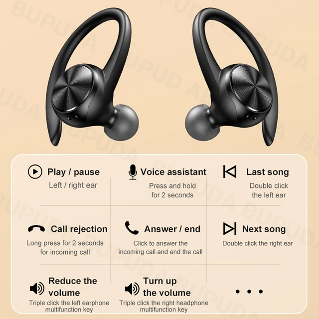 Sports Bluetooth Wireless Headphones with Mic IPX5 Waterproof Ear Hooks Bluetooth Earphones HiFi Stereo Music Earbuds