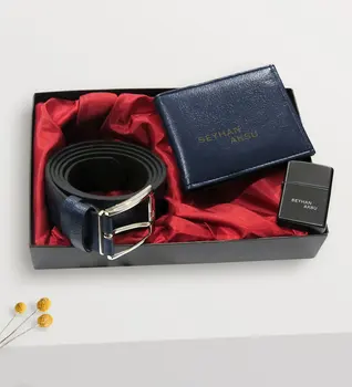 

Personalized Navy Blue Wallet Belt Gasoline Lighter Set