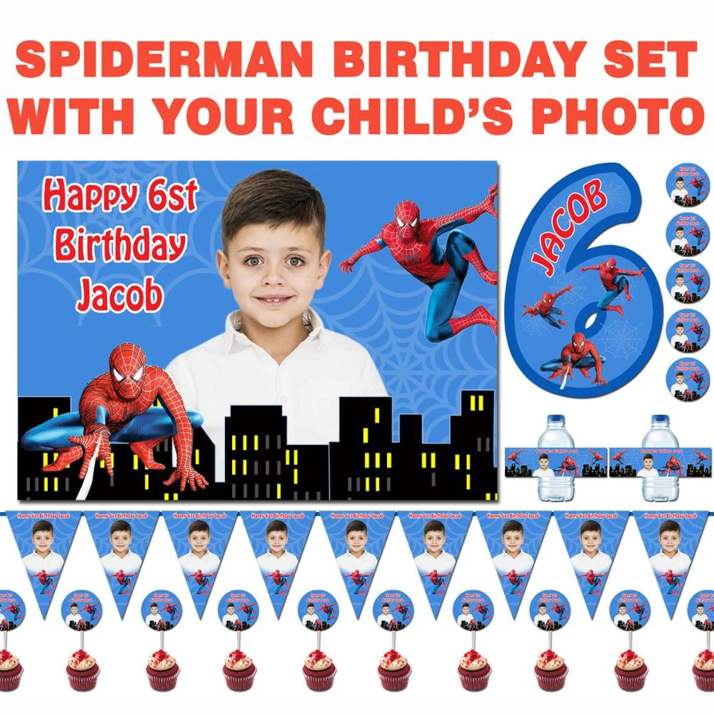 Personalized Spiderman Birthday Set Photo Background Banner Water Bottle Labels Cupcake Toppers Stickers Banners Streamers Confetti Aliexpress