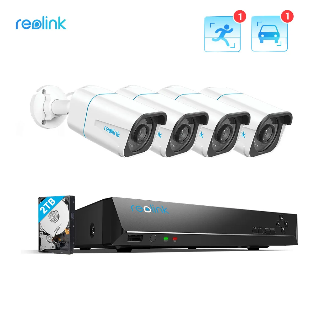 Reolink Smart 4k Security Camera System  PoE  24/7 Recording 2TB HDD Person/Vehicle Detection 8MP video recorder RLK8-810B4-A