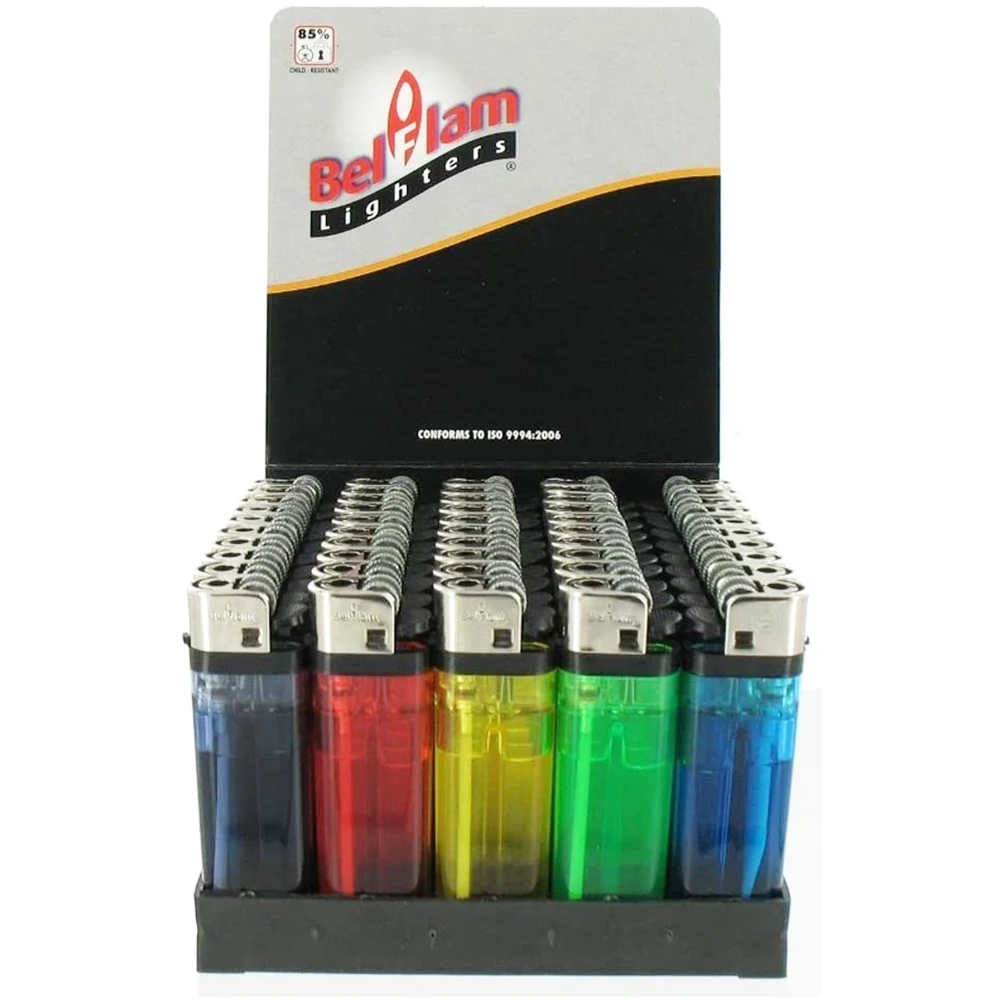Bandeja Belflam Lighters pack 50 encendedores desechables 5 colores diferentes Llama ajustable.