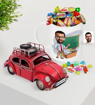 

Personalized Men 'S Teacher Platter Nostalgic Red Metal Beetle and Mug Haribo Candy Seti-1