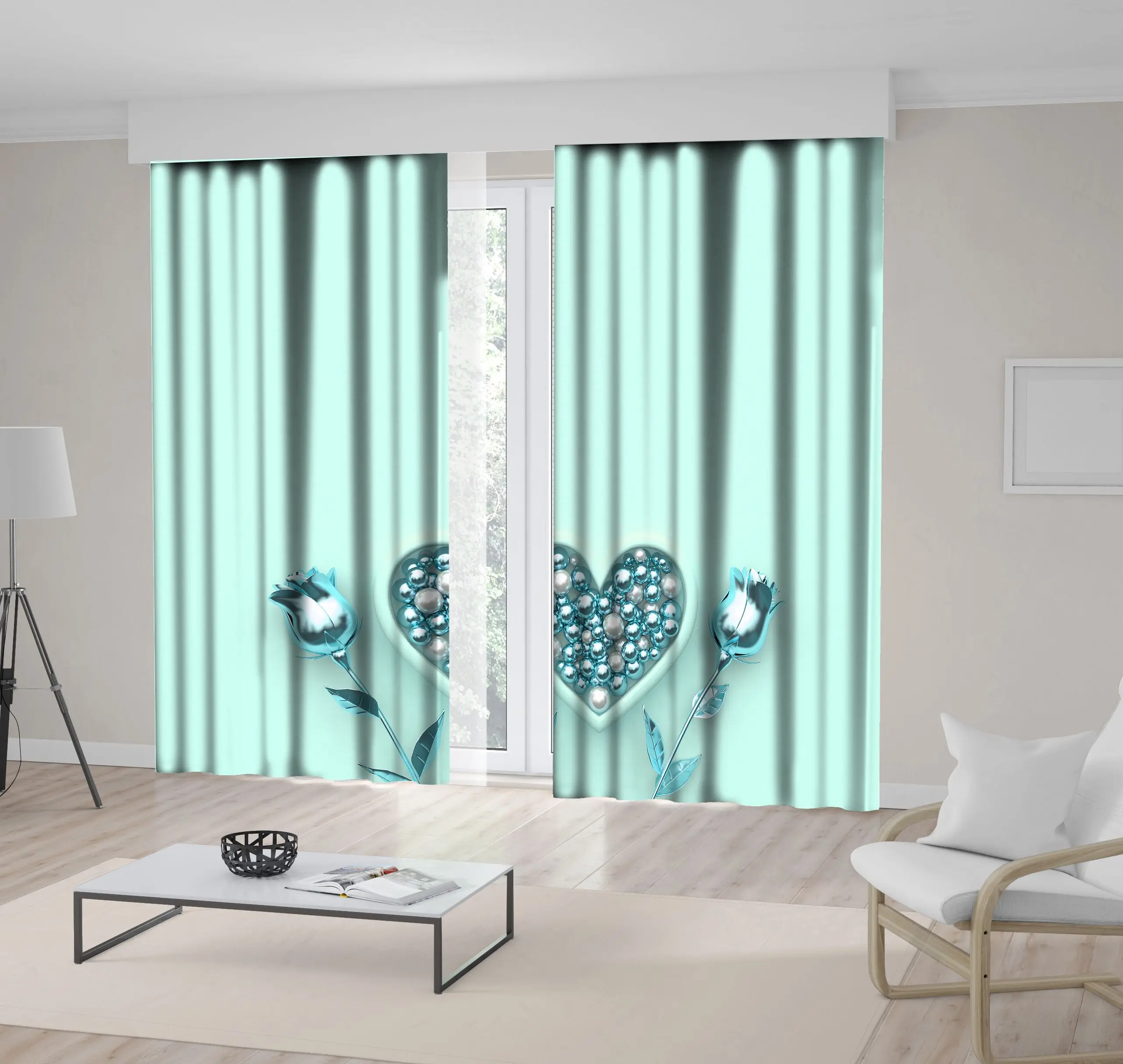Heart and Flowers Rose Buds Metallic Decorating Ornaments Vintage Style Artwork Printed Blue Silver Curtain