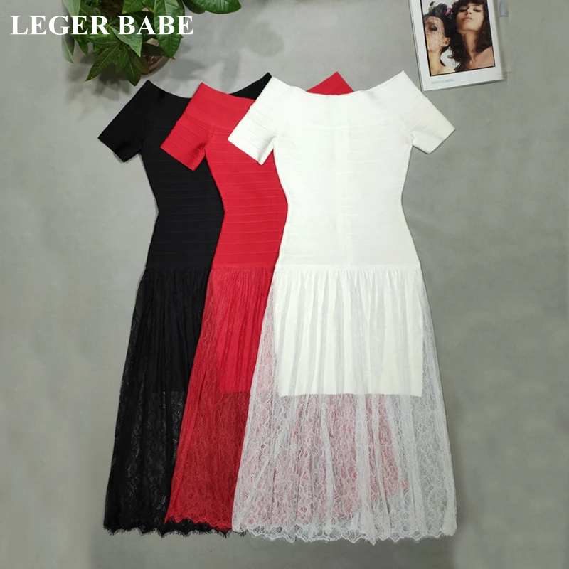 

LEGER BABE New Autumn Black White Red Off the Shoulder Midi Rayon Bandage Dress Lace Women Vestidos High Quality