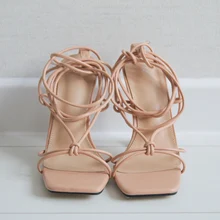 Aneikeh de verano zapatos de mujer Sandalias, de la Pu de moda Cruz-atado tacones de encaje fiesta bombas tamaño 35- 42 albaricoque blanco negro