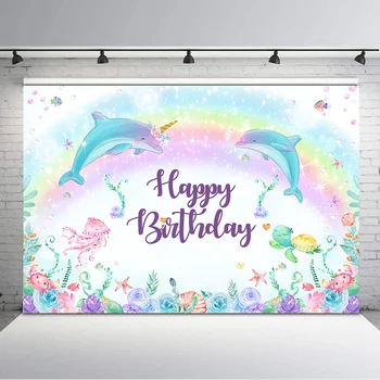 

Dolphin Happy Birthday Backdrop Underwater World Rainbow Jellyfish Baby Shower Photo Background Kids Party Banner Backdrops