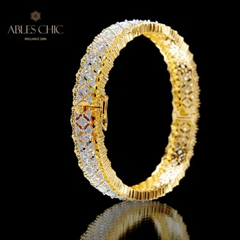 Solid 925 Silver Renaissance Honeycomb Lacy Wedding Bangle 18K Gold Tone Starry Floral Wide Bracelets C11B2S25863 4