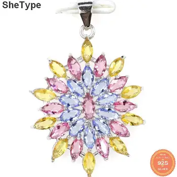 

35x25mm Multi Color Created 2.8g Citrine Tanzanite Tourmaline 925 Solid Sterling Silver Pendant