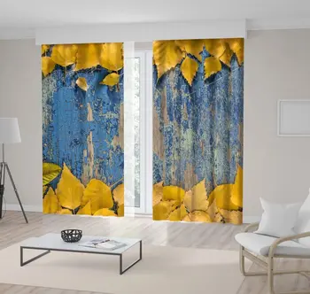 

Curtain Autumn Leaves on Wooden Table Aged Look Rural Natural Rustic Concept Photo Printed Blue Yellow