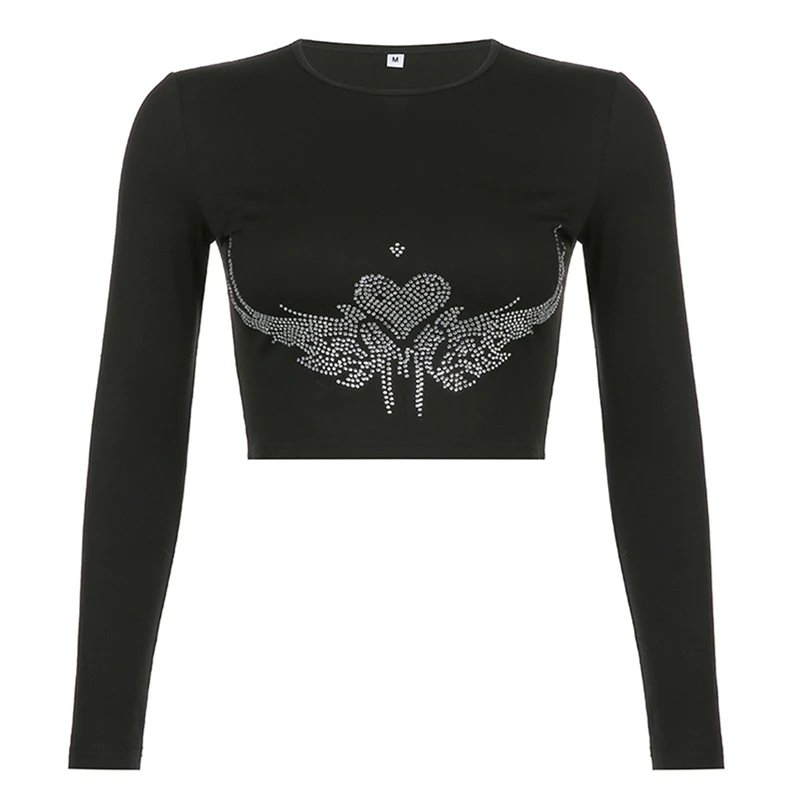 Xingqing Angel Wings Print Tops Fairy Grunge Graphic T Shirts Vintage Indie Aesthetic Clothes Cyber Y2k Slim Long Sleeve Top couple t shirt Tees