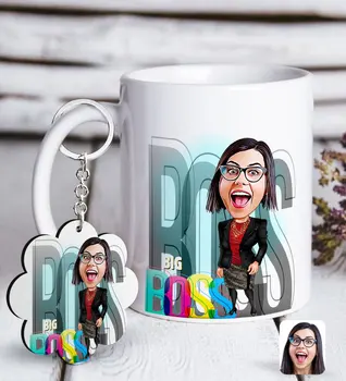 

Personalized Women 'S Big Boss Caricature Of White mug And Keychain Gift Seti-1