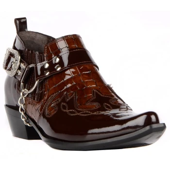 

FootCourt- Brown Patent Cowboy Boots Genuine Leather New Collection Pointed Toe Riding Short Boots Handmade Contemporary Model