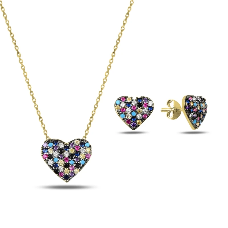 

Silver 925 Sterling Mixed Color Zircon Stone Heart Set