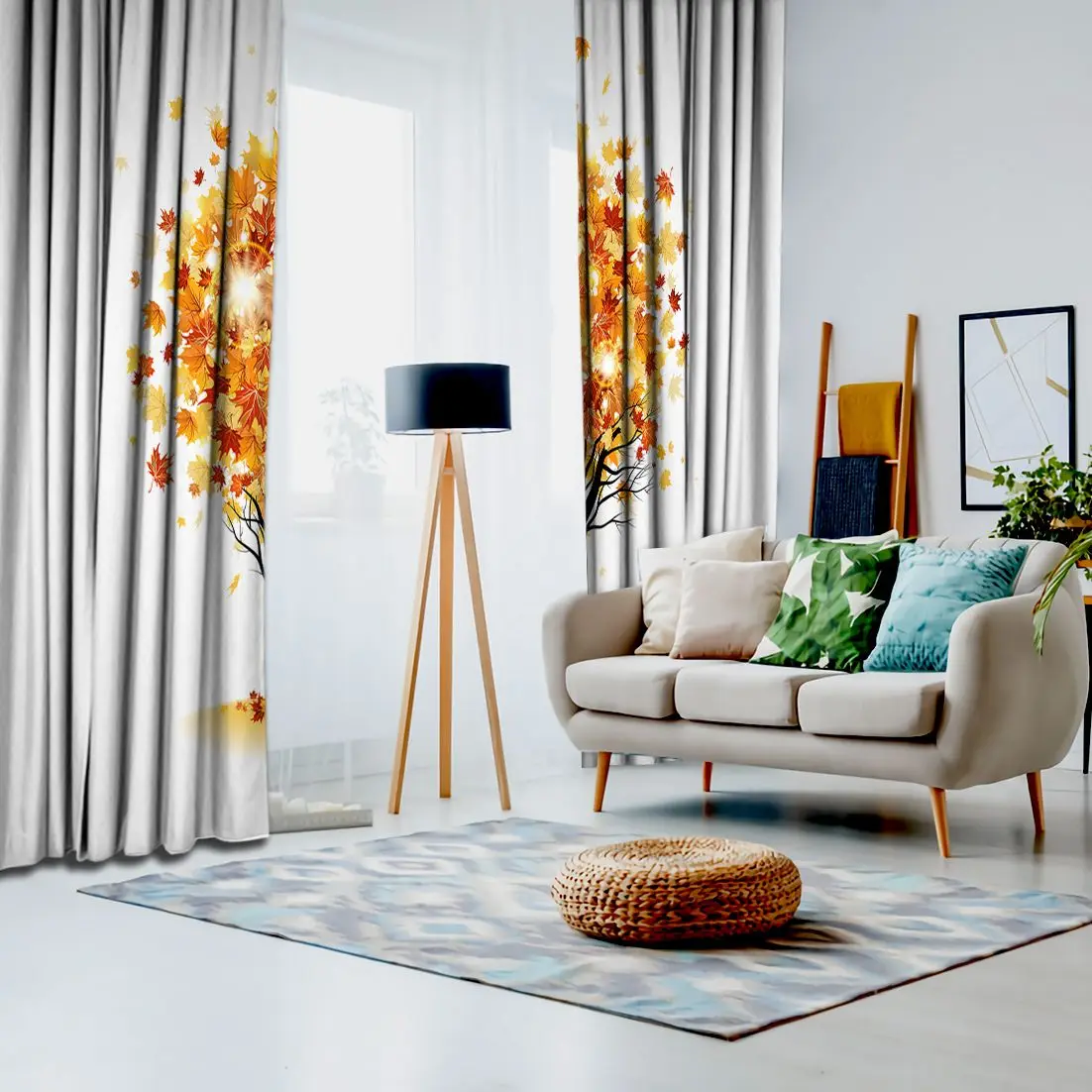 Maple Tree Autumn Leaves Nature Sun Glare with Romantic View Photo Yellow Brown Red Curtain