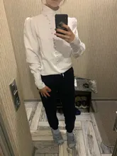 Turtleneck Blouse Puff-Sleeve White Shirt Ladies Top OOTN Office Elegant Casual Solid