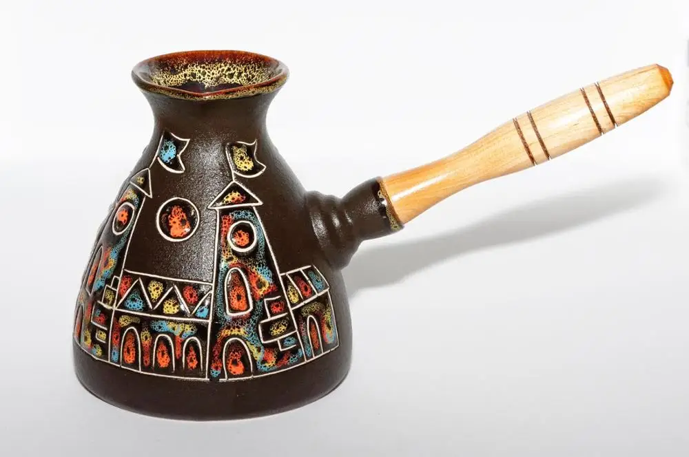 Турка для кофе керамическая с деревянной резной ручкой. Ручная роспись. Объем 500