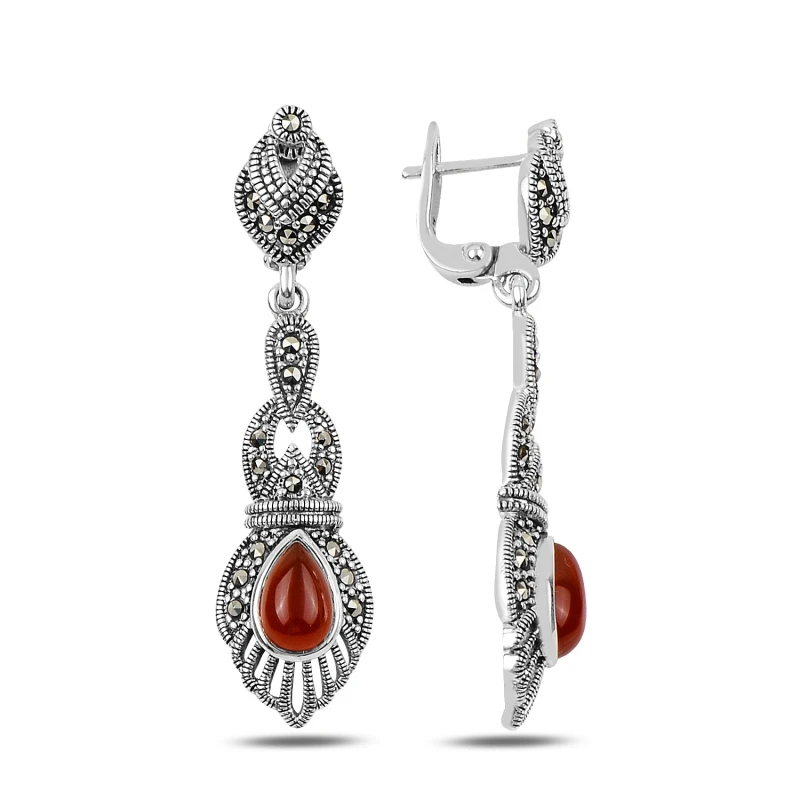 

Silver 925 Sterling Marcasite & Red Agate Stone Dangle Earrings