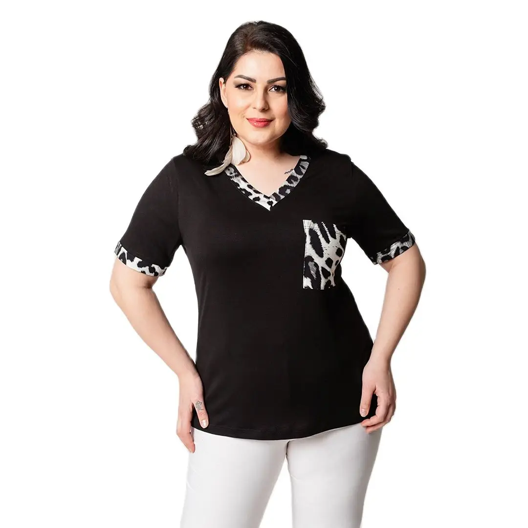 Women’s Plus Size V-Neck Leopard Print Pocket Detail Black Blouse, Designed and Made in Turkey, New Arrival