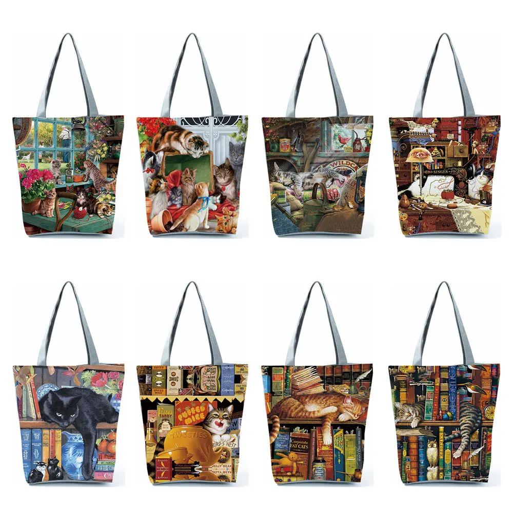 Customize Cute Oil Paint Cat Painting Print Women's Designer Tote Bags Fabric Eco Reusable Shopping Shopper Bag School Book Bag designer bags