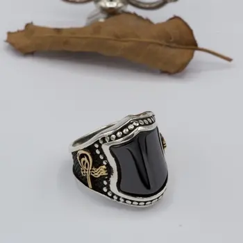

925 Sterling Black Onyx Stone Tugra Patterned Silver Ring Fashion Turkish Premium Quality Handmade Jawelery