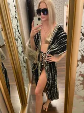 100% de algodón para mujer, Vestido tipo Kimono con cinturón propio, a rayas negras, para playa, Q1225, 2021