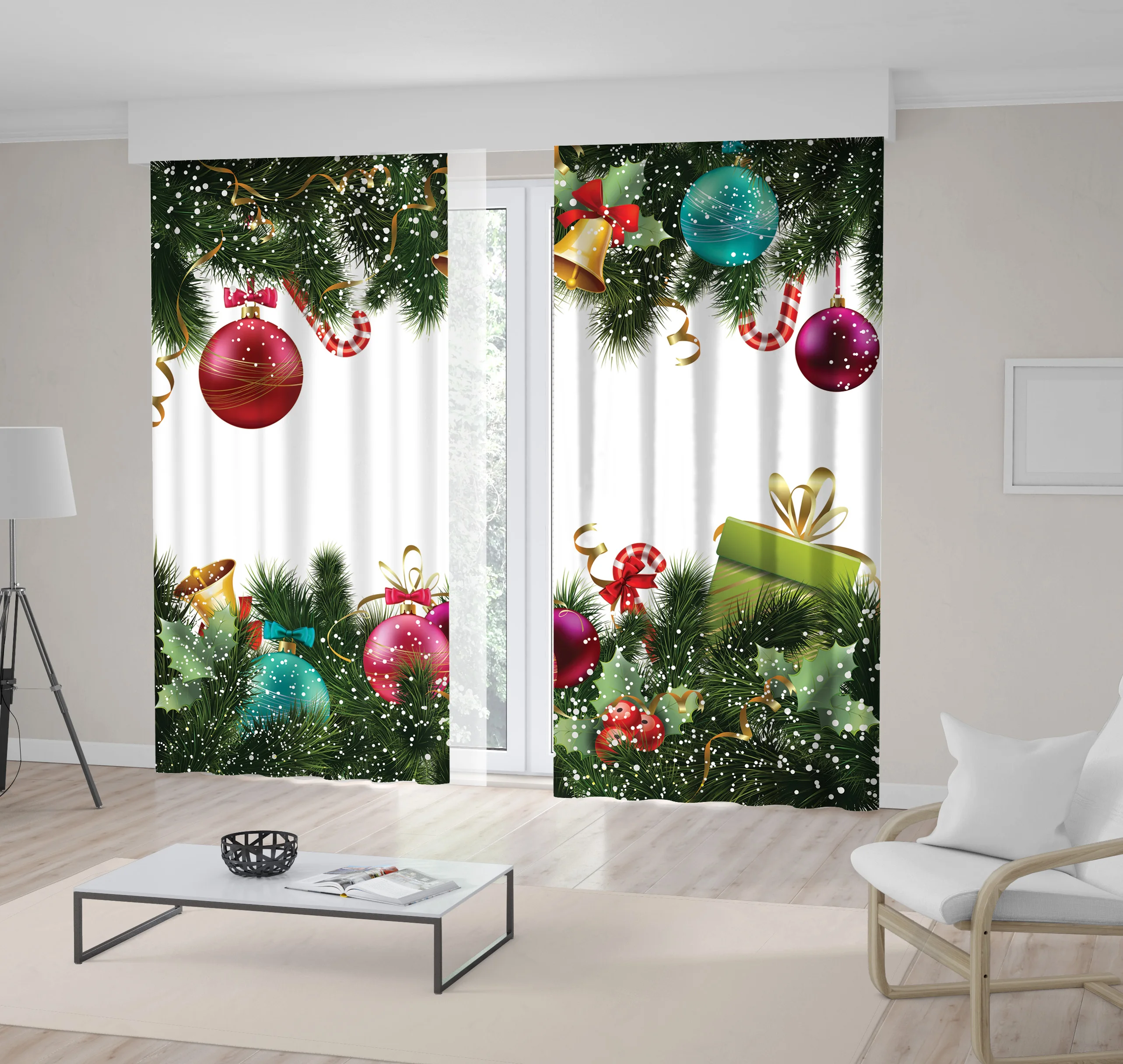 

Merry Christmas and Happy New Year Decoration with Green Fir Twigs Bells Red Fuchsia Blue Colorful Ornaments Snowflakes Curtain