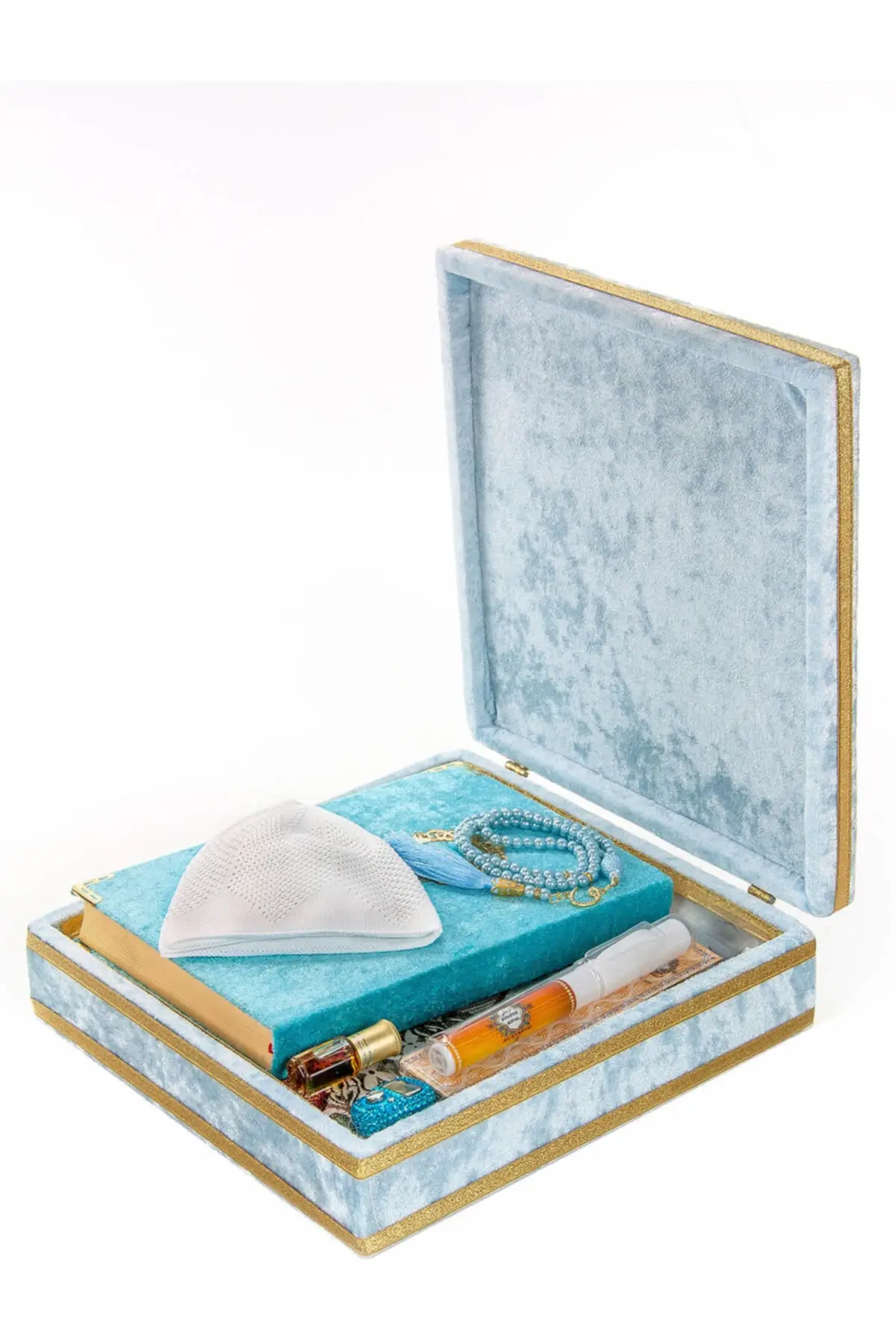 Custom Velvet Lined Crate Holy Quran Religious Gift Set Blue