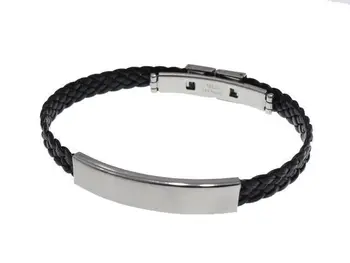 

Bracelet braided black leather with smooth steel clasp and plate