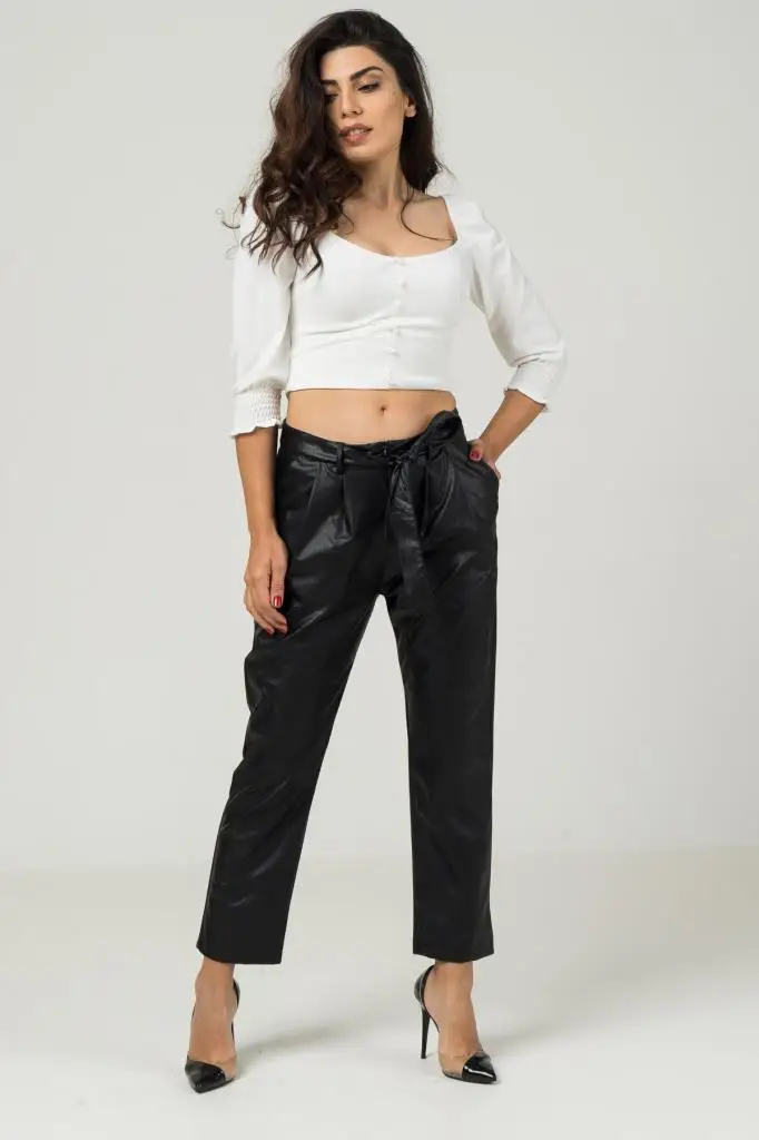 Плиссированные арочные кожаные брюки 732 w23152-BLACK-L | Женская одежда