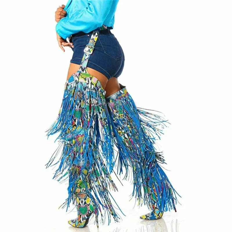 

Fashion Fringe Belted Chaps Over The Knee Snakeskin Boots Women Pointed Toe Thigh High Long Tassel Boots High Heels Shoes Woman