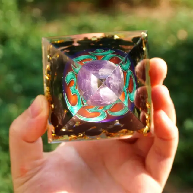 Orgonite Pyramid Amethyst Crystal Centerpiece with Black Obsidian - Image 3
