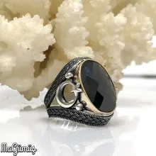 Черное ограненное кольцо с Луной и звездами ручной работы серебряное мужское кольцо