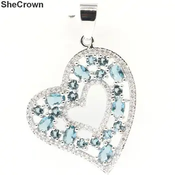 

40x27mm SheCrown Created London Blue Topaz White CZ Woman's Present Silver Pendant