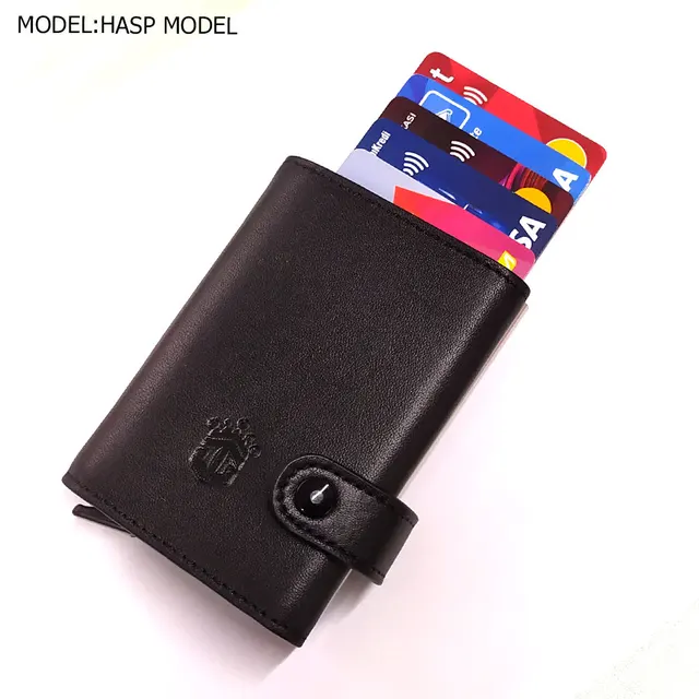 Smart Wallet Business Card Holder Real Cow Leather Handmade Smart Automatic Card Holder Men Gift Hasp Black