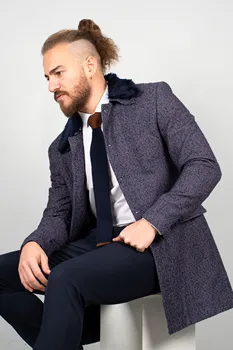 

DeepSEA Male Maroon-Navy Blue Fur Detachable Pocket Clamshell Narrow Cut Coat 1801887