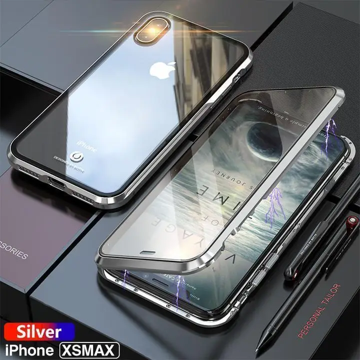 Silver Магнитная Адсорбция прозрачная пленка из закаленного Стекло два боковых Стекло крышка чехол для iPhone X XS макс 7 8 Plus - Цвет: Silver