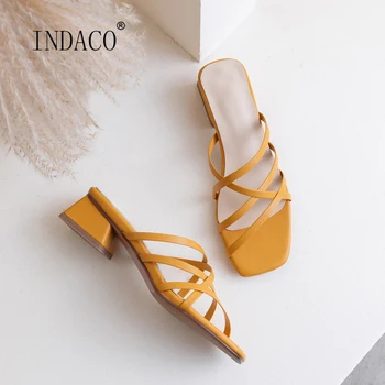 

Women Slippers 2020 Leather Yellow Beige Black Thick High Heel Slides 3.5cm Women Shoes Summer