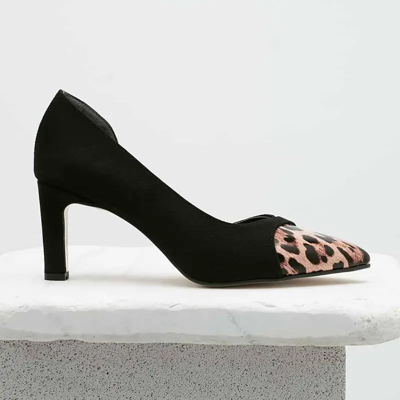Mio Gusto Brand FRANCES, 6Cm Short Heel, Gray and Black Colors, Leopard Patterned Suede, high Quality, Women's Stiletto Pumps.