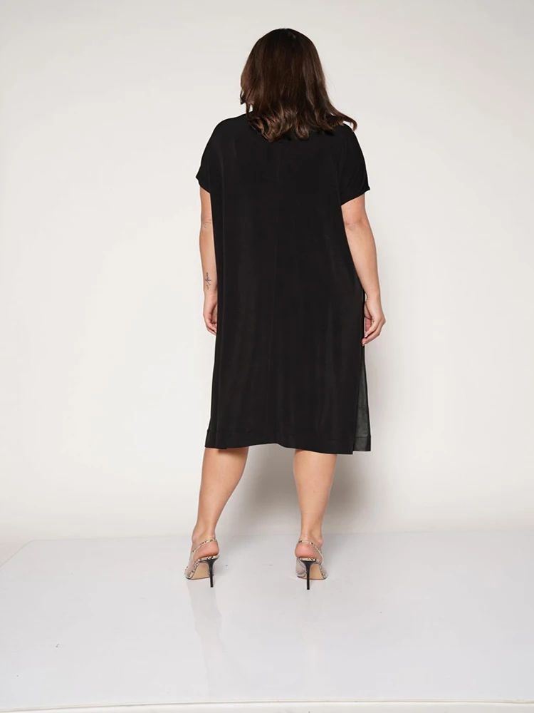 V-Neck Pockets Leather Detailed Black Color Chic Style Plus Size Dresses For Women 4xl 5xl 6xl 2022 New Fashion Women's Clothing