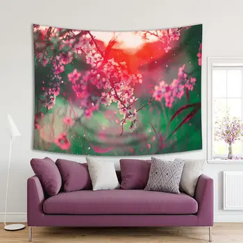 

Tapestry Spring Blooming in Tree Morning Sunrise Foggy Dreamy Nature Sun Flare Romantic Scenery Green Pink Red