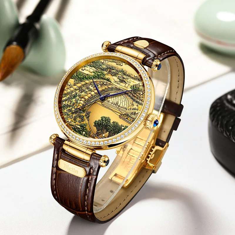 

Diella jade emerald automatic mechanical watch Qing Ming Shang He map waterproof leather watch
