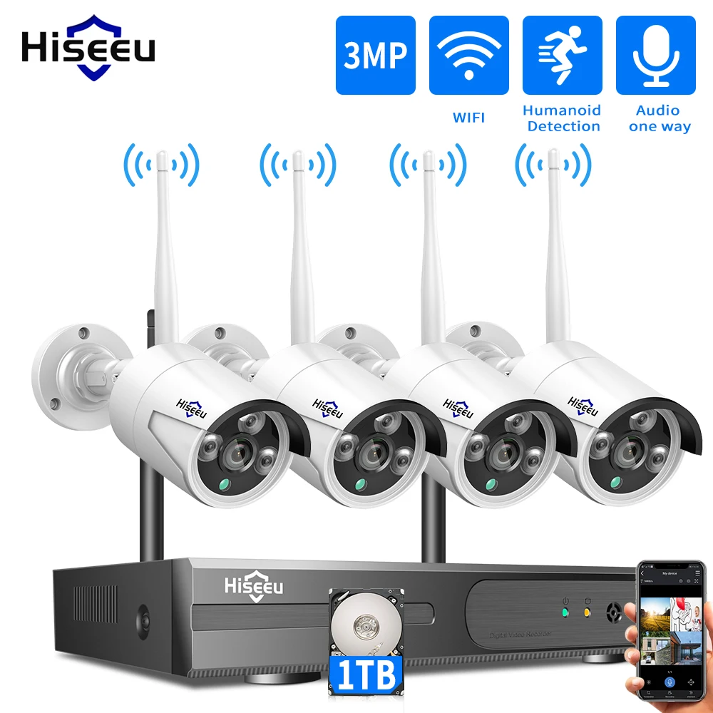 Hiseeu 8CH Wireless CCTV System 1536P 1080P NVR wifi Outdoor 3MP AI IP Camera Security System Video Surveillance LCD monitor Kit