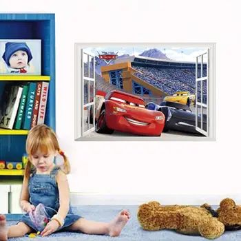 

Disney Cars Fake Window Sticker 3Dview Removable Stickers Wall for Kids Room Baby Bedroom Home Accessories Scenery Paper Poster