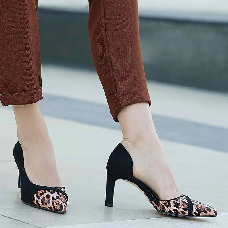 Mio Gusto Brand FRANCES, 6Cm Short Heel, Gray and Black Colors, Leopard Patterned Suede, high Quality, Women's Stiletto Pumps.