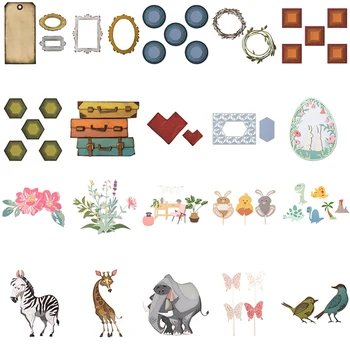 

Metal Cutting Dies Set Animals Elephant Zebra Giraffe Retro Suitcase Circle Square Hexagon Frame DIY Album Craft Card #8