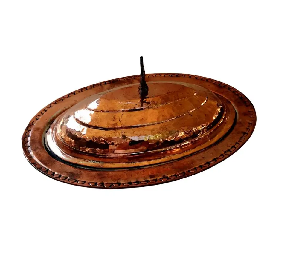 

Handcrafted Copper Oval Service Pot Dish With Lid Large Size Copper Colour