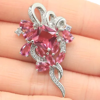 

42x25mm Beautiful Created Pink Tourmaline White CZ Ladies Party Silver Pendant