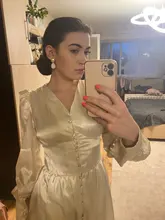 A-Line Dress V-Neck Spring Bishop-Sleeve Satin Simplee Chic Elegant Vintage High-Waist