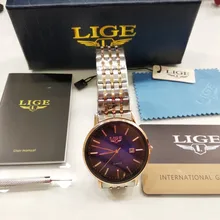 LIGE-Reloj de lujo con correa de acero dorado rosa para mujer, accesorio de pulsera resistente al agua, de marca superior
